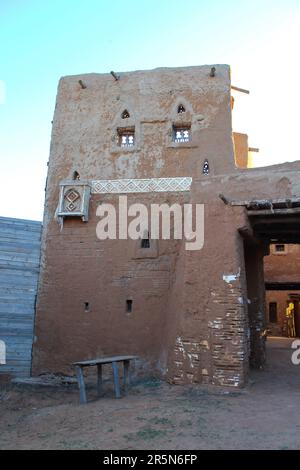 Fortified wall of Capital of Golden Horde city Sarai Batu with gate, background Stock Photo