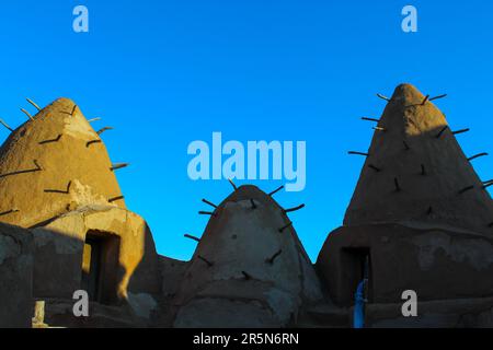 Panorama of Sarai-Batu. Scenery of the Medieval city, the capital of the Golden Horde. Stylization. Astrakhan region. Russia, the roofs during sunset Stock Photo