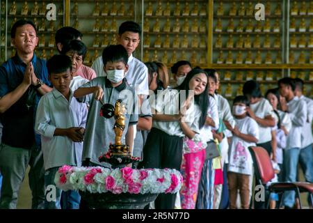 Bogor, Indonesia. 04th June, 2023. Buddhist devotees pour holy water over a baby Prince Siddhartha Gautama statue at the Buddha Dharma & 8 Pho Sat temple, during celebrate Vesak Day in Bogor, West Java, Indonesia on June 4, 2023. (Photo by Andi M Ridwan/INA Photo Agency/Sipa USA) Credit: Sipa USA/Alamy Live News Stock Photo