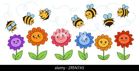 Bee honey characters and flowers retro cartoon illustration. Comics kids honeybee insect characters with funny faces artwork. Cute hand drawn summer comic smiley striped bees doodle design vector Stock Vector