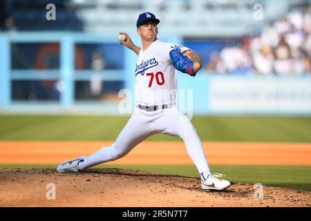 LOS ANGELES, CA - JUNE 17: Los Angeles Dodgers pitcher Bobby Miller (70)  looks on during the MLB game between the San Francisco Giants and the Los  Angeles Dodgers on June 17