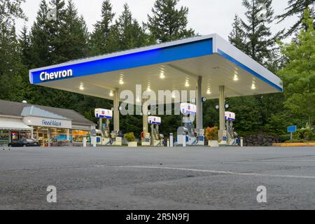 Redmond, WA, USA - June 04, 2023; Chevron gas station forecourt in early morning Stock Photo