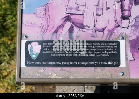 Walla Walla, WA, USA - May 25, 2023; Sign at Whitman Mission National Historic Site with perspective addition of one-sided representation Stock Photo