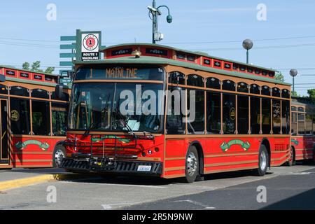 Walla Walla, WA, USA - May 25, 2023; Walla Walla Valley transit electric bus in trolley style Stock Photo