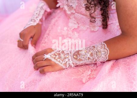 Details of the girl's outfit on her 15th birthday, a traditional Latin American and Spanish party Stock Photo