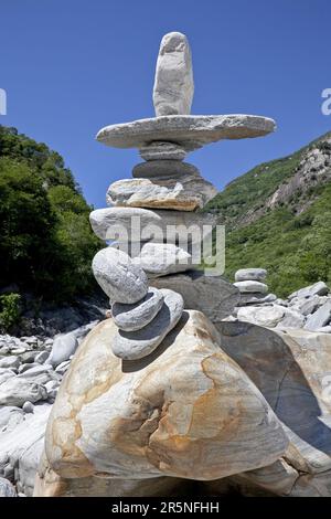 Stacked stones, on the Maggia, Valle Maggia, Canton Ticino, Ticino, Maggia Valley, Switzerland Stock Photo