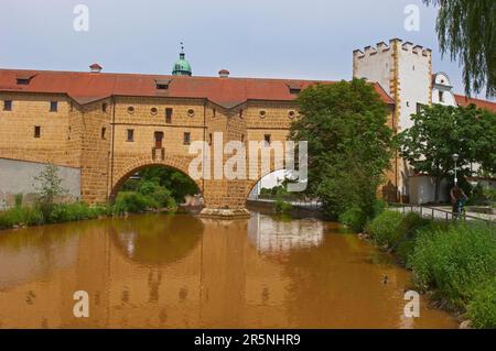 Amberg, river Vils, historical water lock, city glasses, Upper Palatinate, Bavaria Germany Stock Photo