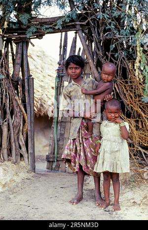 A tribal girl with her two sisters one standing nearby and another holding on her hip, Tamil Nadu, South India, India, Asia Stock Photo