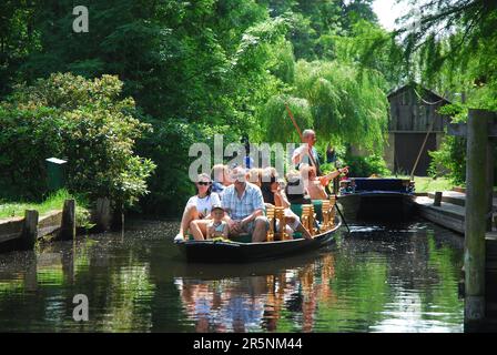 Tourists in boat, on canal, Luebbenau, Biosphere Reserve Spreewald, Brandenburg, boat trip Stock Photo