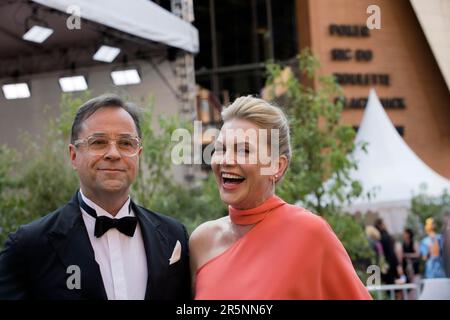 German actor, musician, director and producer Jan Josef Liefers with woman actress and singer Anna Loos, German Film Award Lola 2023, Berlin, Germany, Stock Photo