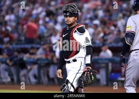 ATLANTA, GA – JULY 19: Arizona catcher Gabriel Moreno (14) reacts after  catching a pop up during the MLB game between the Arizona Diamondbacks and  the Atlanta Braves on July 19th, 2023