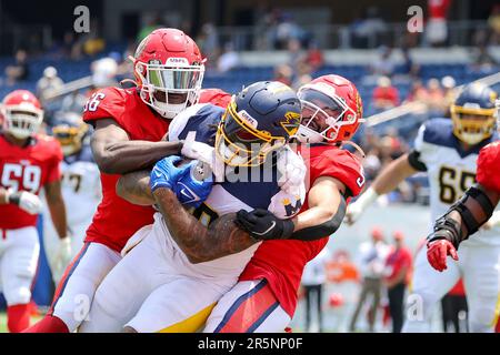 BIRMINGHAM, AL - APRIL 22: New Jersey Generals linebacker Bryson Young (56)  looks on during the USFL game against the Michigan Panthers on April 22,  2022 at Protective Stadium in Birmingham, Alabama. (