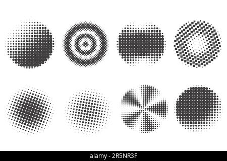 Circle dots with halftone pattern. Round gradient background. Elements with gradation points texture. Abstract geometric shapes. Vector set Stock Vector
