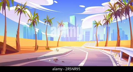 Empty desert road to city building futuristic vector background. Urban ...
