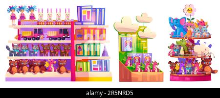 Kid toy shop interior shelf game vector cartoon illustration. Baby gift in store carousel shelves. Happy teddy bear, elephant, car and plush bunny to order from market for children in kindergarten. Stock Vector