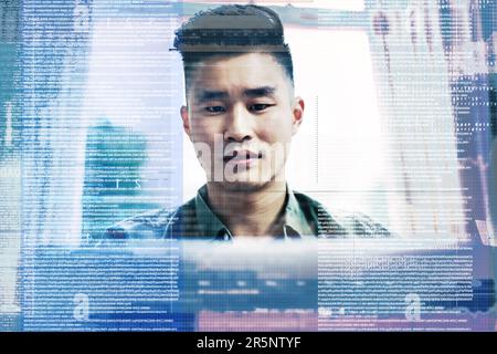 Hes an expert coder. a handsome young male coder working on his laptop at home. Stock Photo