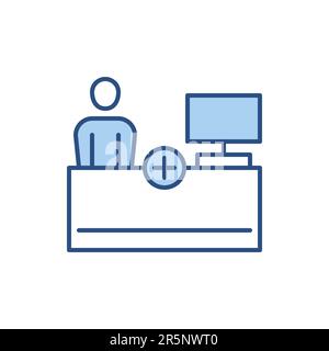 Reception related vector line icon. Person, table, computer, medical cross. Isolated on white background. Vector illustration. Editable stroke Stock Vector