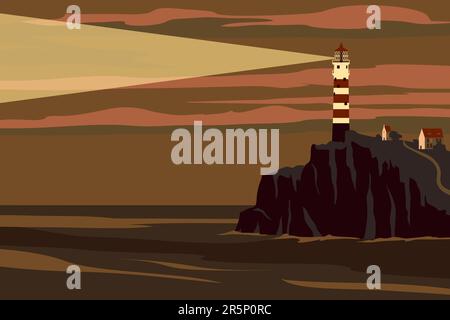 Lighthouse tower on seashore ocean with ray of light Stock Vector