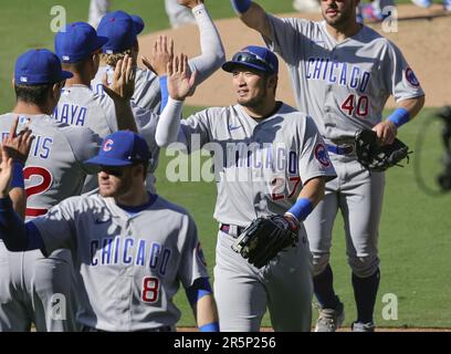 The Chicago Cubs' Seiya Suzuki (L) high fives Frank Schwindel after scoring  a run in the seventh inning of a baseball game against the Tampa Bay Rays  on April 18, 2022, at