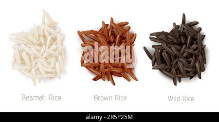 Rice basmati, brown and wild grain piles top view isolated on white background. Vegetarian organic raw food, different cereals types for sushi and healthy eating, realistic 3d vector icon, clip art Stock Vector