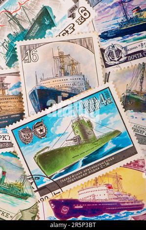 USSR - CIRCA 1984: A stamp printed in USSR Russia , shows the Soviet ships, ice breakers and submarines, in particular the Guards S-56 submarine decor Stock Photo