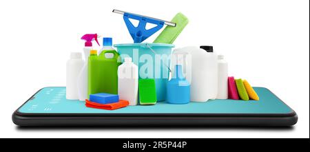 Housekeeping products from smartphone isolated on white background. Bucket, squeegee, spray bottles, detergents, sponges, cleaning and disinfection eq Stock Photo