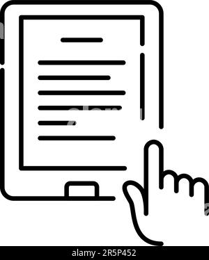 Electronic books reader device with text on screen. Finger tapping on touch screen. Pixel perfect, editable stroke icon Stock Vector