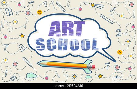 Art school text vector design. School background with hand drawn school supplies and speech bubble with art school lettering. Vector illustration Stock Vector