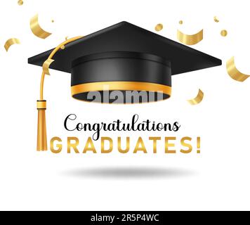 Graduation cap vector design. Graduation greeting with realistic mortar cap with golden tassel in confetti background. Vector illustration of cap Stock Vector