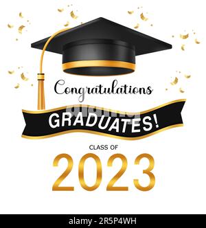 Congratulations greeting text vector design. Class of 2023 graduates on black ribbon with isolated mortarboard cap and confetti background. Vector Stock Vector