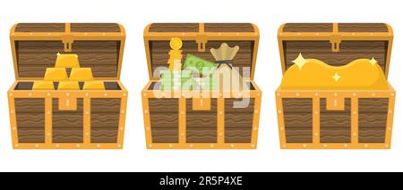 Cartoon treasure chests. Pile of money and a bag of coins. Wealth concept. Gold bars icon. Vector illustration. Eps 10. Stock Vector