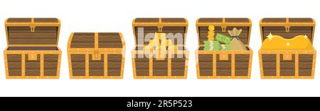 Chest animation. Empty treasure box, open and closed medieval ancient wooden cartoon chests. Pile of money and a bag of coins. Wealth concept. Gold bars icon. Stock Vector