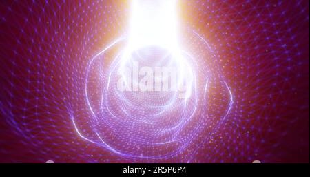 Abstract purple energy tunnel made of particles and a grid of high-tech ...