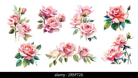 Set of Gorgeous Pink roses vector compositions. Stock Vector
