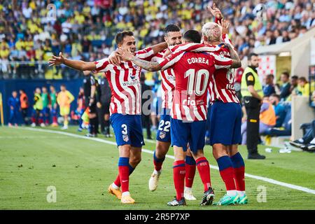 Players of Atletico de Madrid celebrate a goal during the LaLiga EA ...