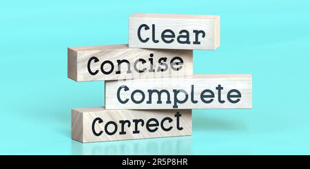 Omplete Clear, concise, complete, correct - wooden signpost with four arrows ...