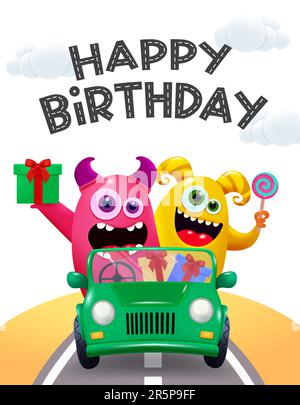 Monster character vector design. Happy birthday text with happy monsters riding on a car holding party elements concept. Vector illustration Stock Vector