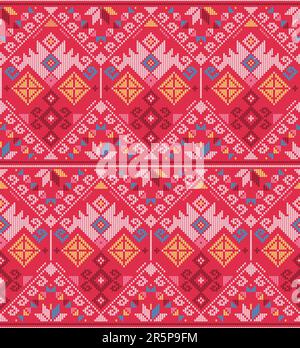 Filipino traditional art - Yakan cloth inspired vector seamless pattern, retro textile or fabric print design from Philippines on red background Stock Vector