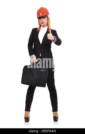 Engineer woman with briefcase showing thumb up Stock Photo - Alamy