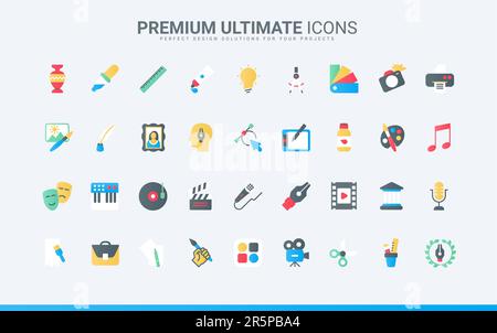 Trendy flat color icons set for art design creative process. Collection of abstract artwork pictogram with music, theater, and cinema movie media projects, portfolio symbols vector illustration Stock Vector