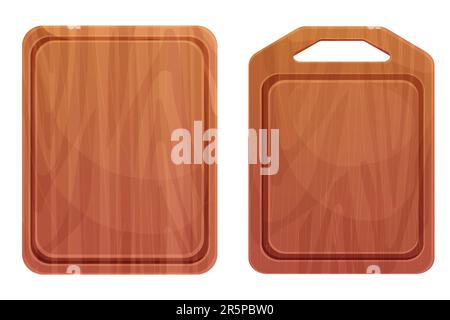 Set Cutting board wooden chopping desk top view in cartoon style isolated on white background. Wood shield, menu mockup. Vector illustration Stock Vector