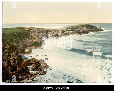 Photochrom prints, Color, 1900, 1890, Newquay, Towan Head, Cornwall, England Stock Photo