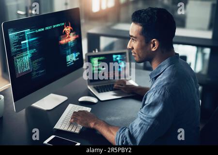 Programmer, screen and man typing, coding and internet connection with digital software, computer error and cyber security. Male person, employee or Stock Photo