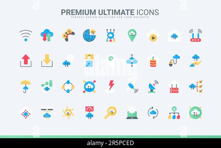 Automatic digital data transfer, download and synchronization, information management for storage, AI network platform and smart home. Cloud computing trendy flat icons set vector illustration Stock Vector