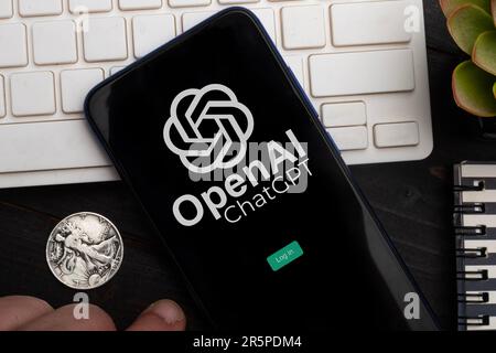 Carrara, Italy - June 5, 2023 - Man using the OpenAI ChatGpt app Stock Photo