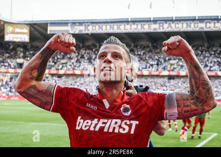 Antwerp, Belgium. 28th June, 2023. Illustration picture shows a print of 23  Antwerp's Toby Alderweireld and the exact game clock moment when he scored  the winning goal at KRC Genk printed on