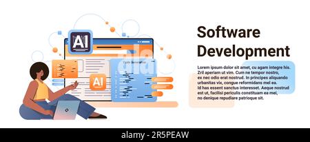 woman web developer generating program code on laptop screen software development programming artificial intelligence Stock Vector