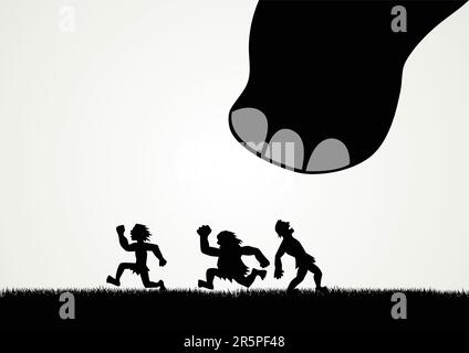 Funny cartoon of men fleeing panic from a giant dinosaur step Stock Vector