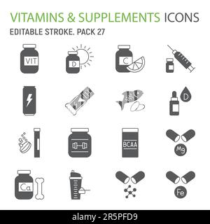 Vitamins and supplements glyph icon set, health collection, sports supplements vector graphics, logo illustrations, minerals vector icons, nutritional Stock Vector