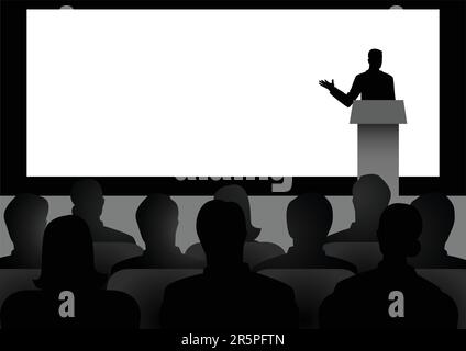 Silhouette illustration of man figure giving a speech on stage with blank big screen as the background Stock Vector